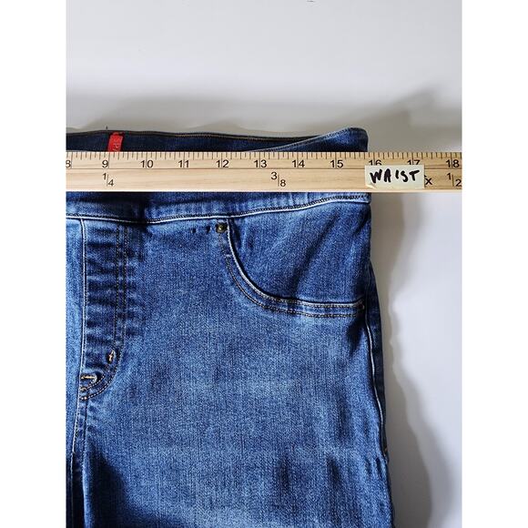SPANX Blue Distressed Pull On Ankle Skinny Jeans Raw Fray Hem SZ XL - Picture 7 of 10